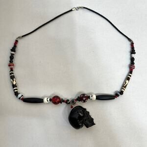 Skull Pendant Bead Skeleton Necklace 14" Cord Goth Halloween Handmade Black Red
